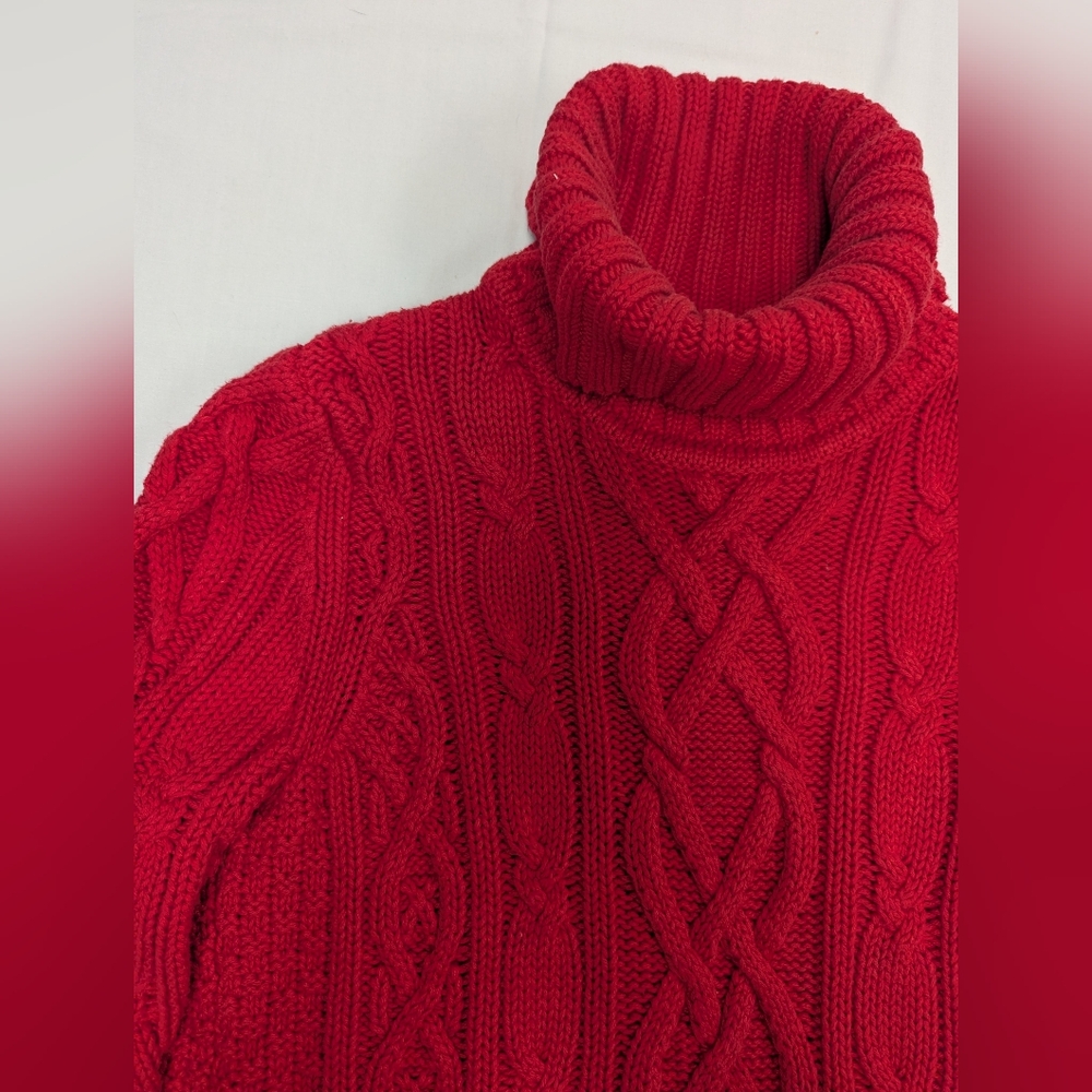 Lands' End Drifter Chunky Cable Knit Turtleneck Sweater In Red - Picture 2 of 12